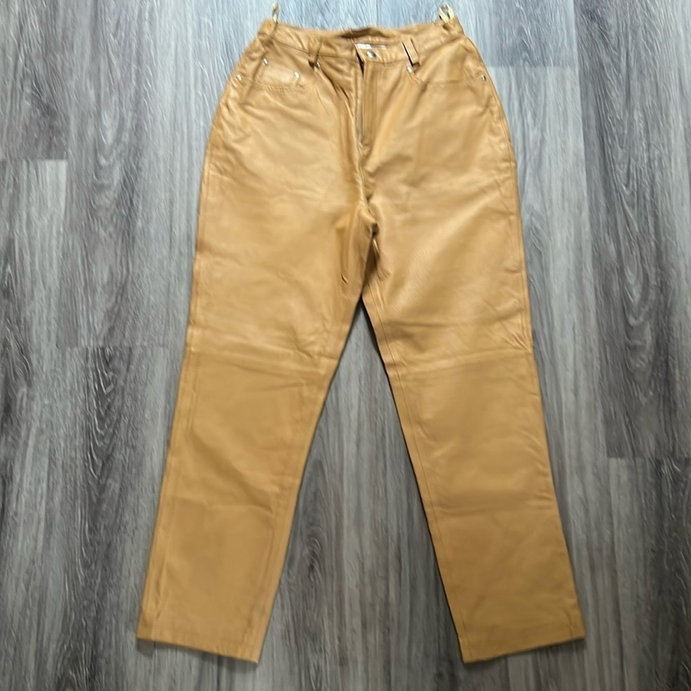 Vintage Tan Leather 14 Pants High Waist Casual Straight Leg